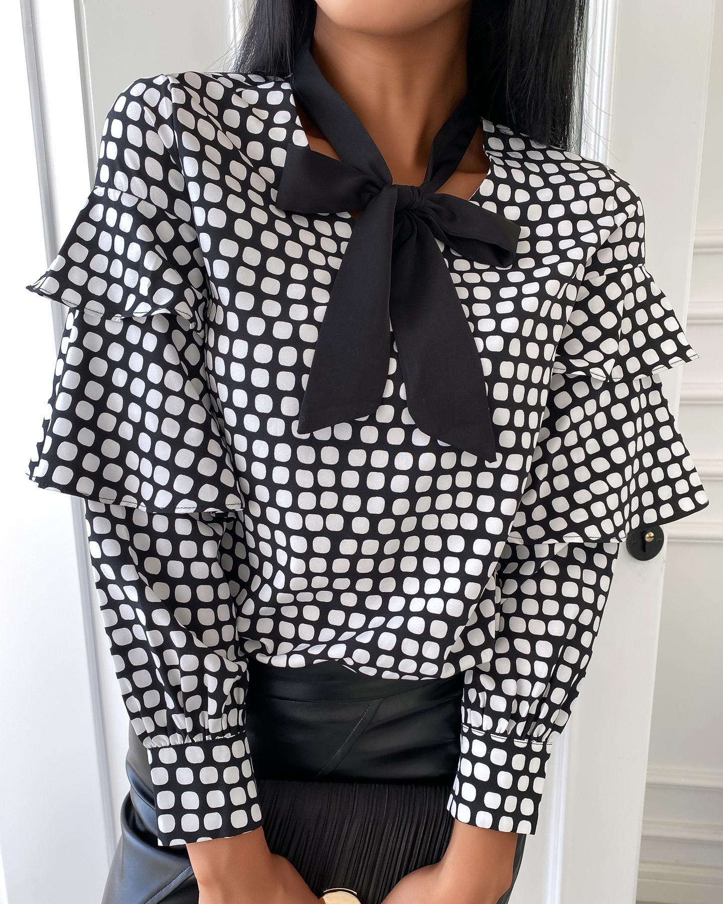 

Tie Neck Polkadot Print Long Sleeve Blouse, Black&white