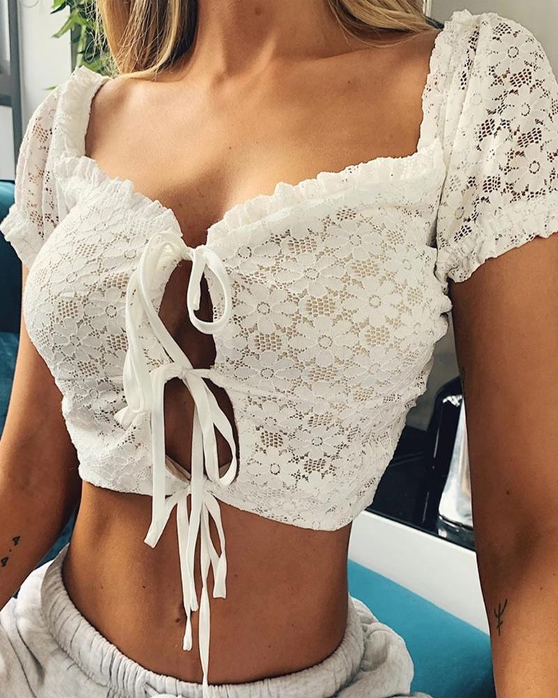 

Tie Front Lace Detail Crop Top, White