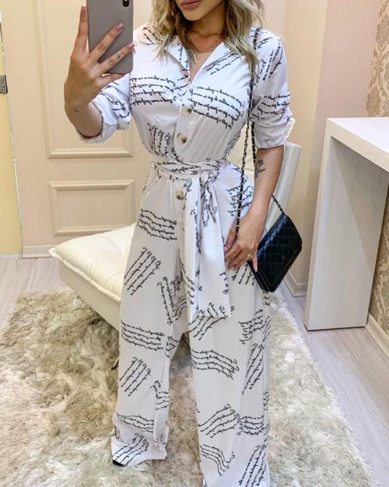 

Letter Print Long Sleeve Jumpsuit With Belt, White