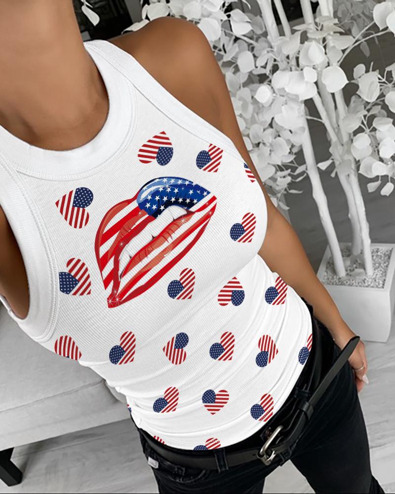 

Lip Heart Flag Tie Dye Print Casual Tank Top, White