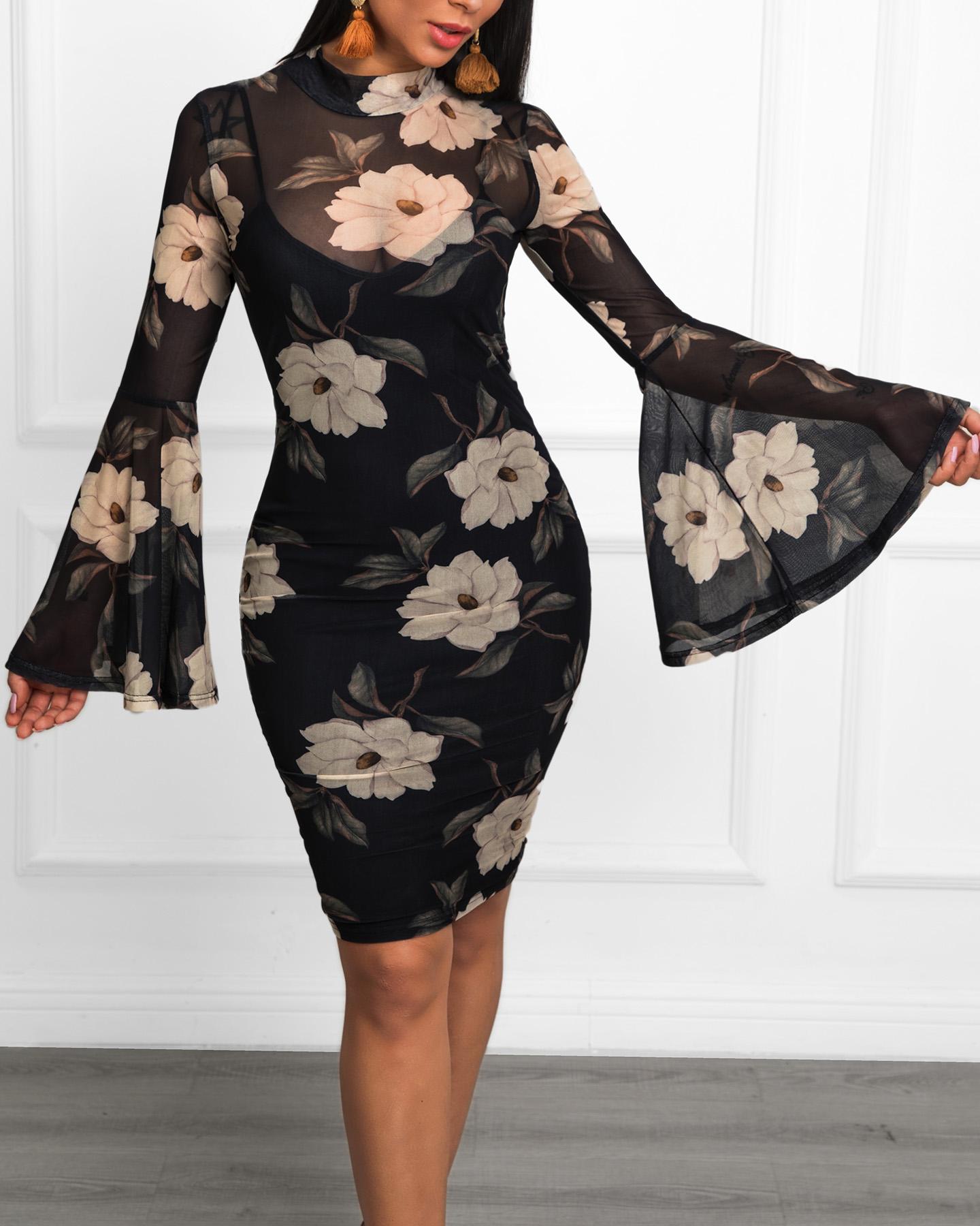 

Floral Print Bell Sleeve Bodycon Dress, Black