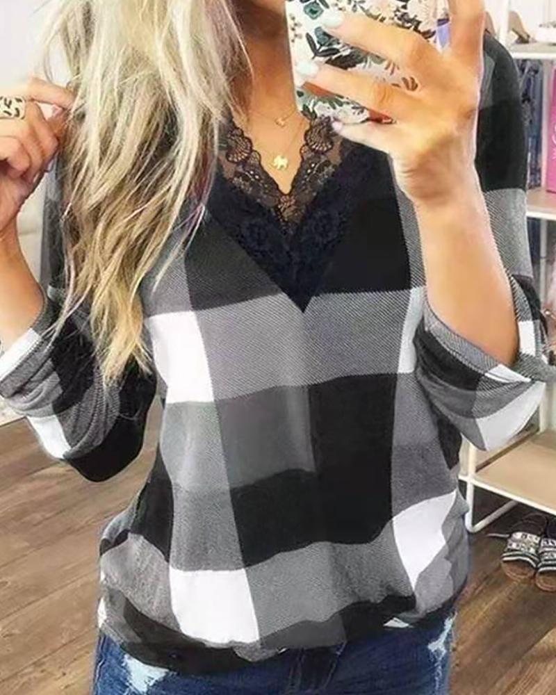 

Plaid Lace Trim Long Sleeve Top, Gray