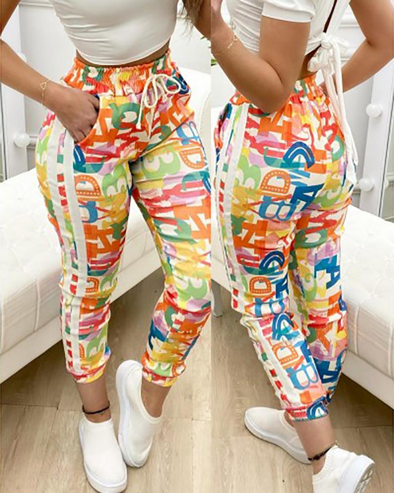 

Letter Print Colorblock Shirring Waist Drawstring Casual Pants, Multicolor