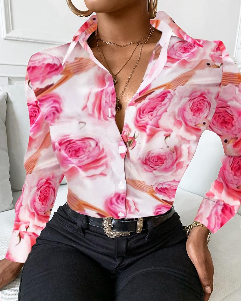

Floral Print Buttoned Long Sleeve Shirt, Red