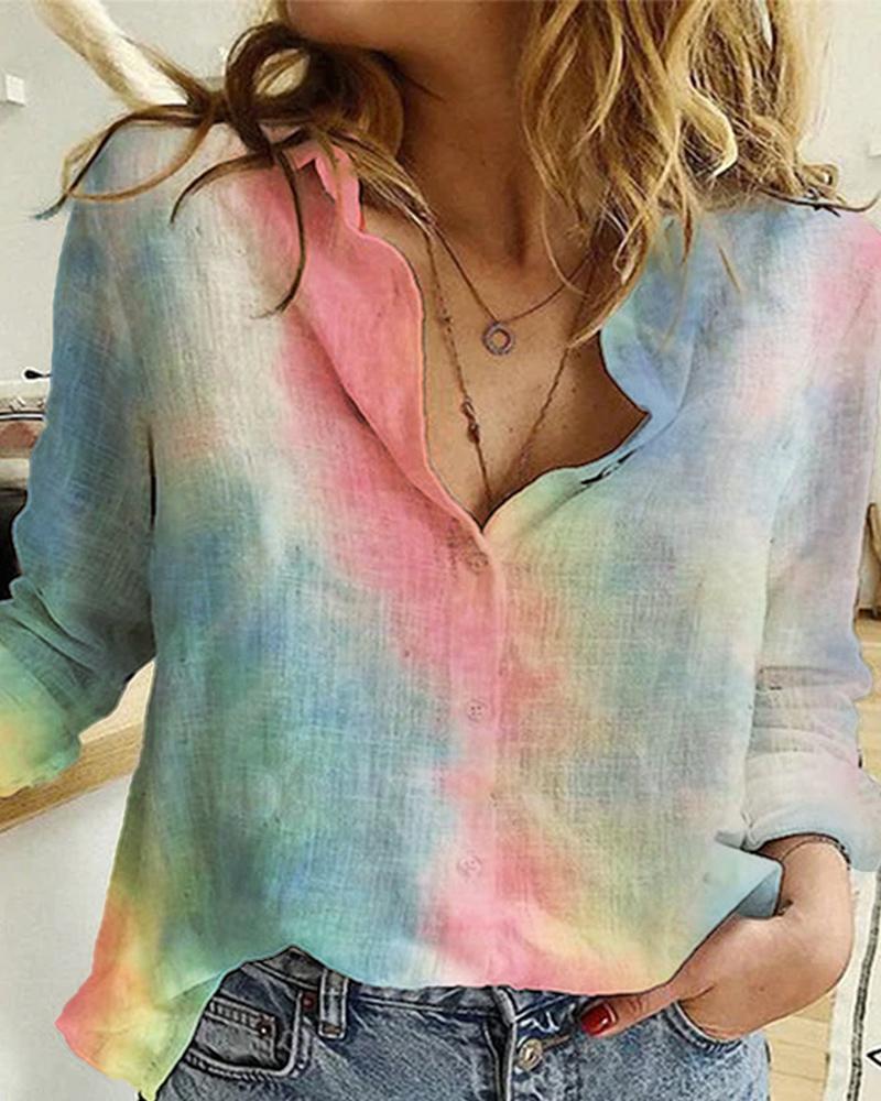 

Floral / Daisy / Tie Dye Print Long Sleeve Casual Shirt, Pink