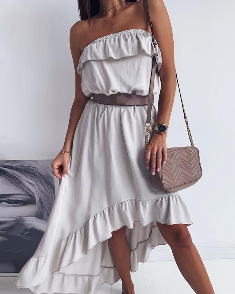 

Bandeau Ruffles Ruched Dip Hem Maxi Dress, Gray