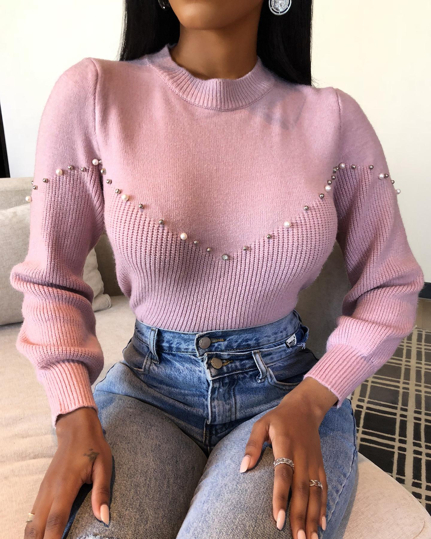 

Beaded Lantern Sleeve Sweater, Pink