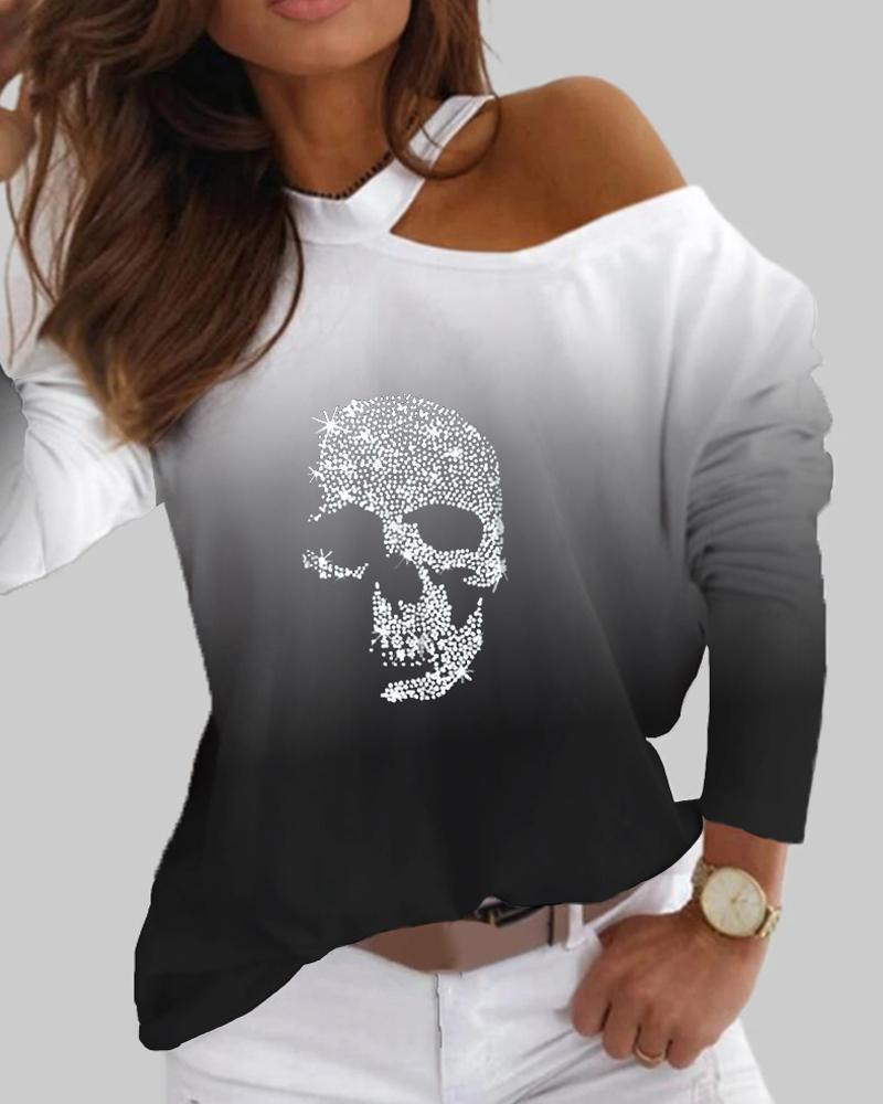 

Ombre Skull Print One Shoulder Long Sleeve Top, Black