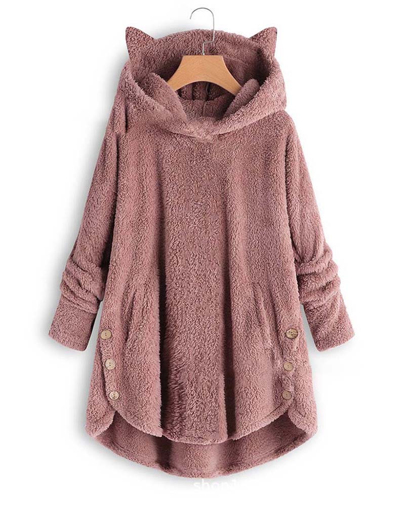 

Plain Button Design Teddy Hooded Coat, Pink