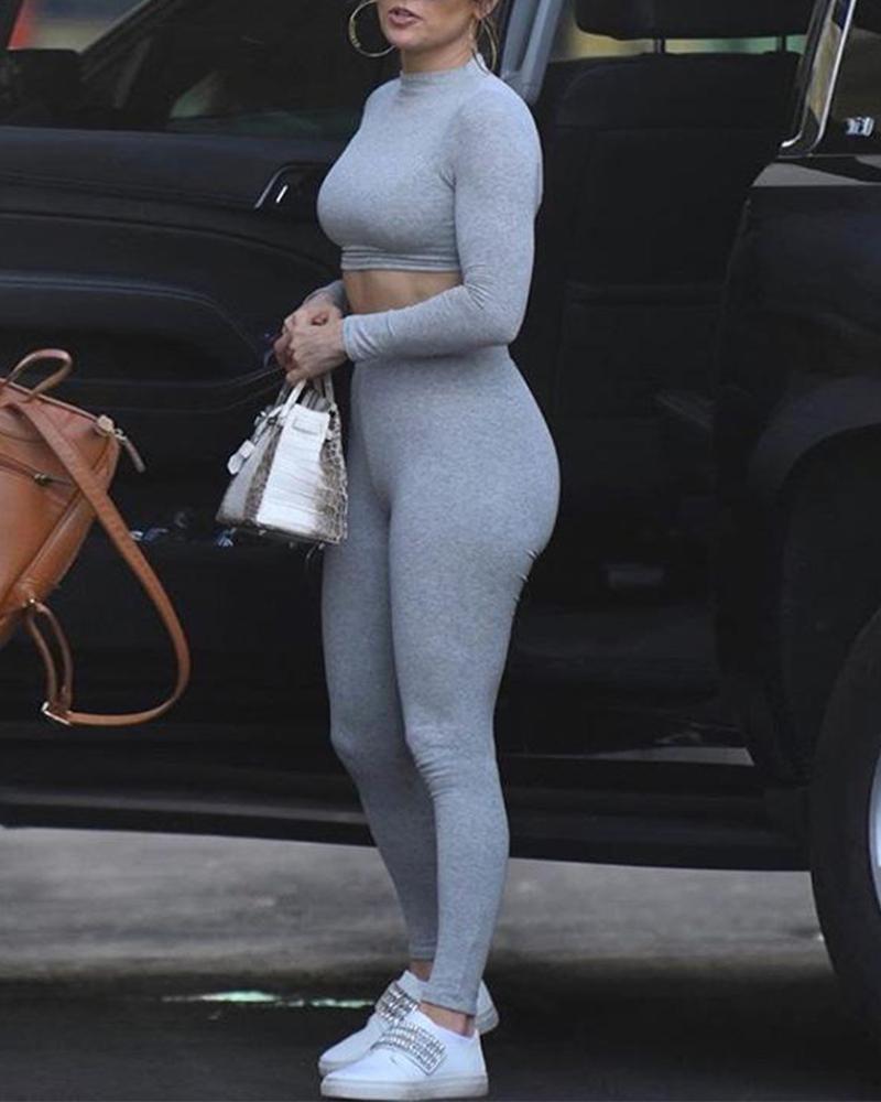 

Skinny Long Sleeve Top & Leggings Sports Set, Light gray