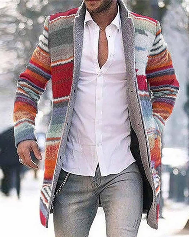 

Men Colorblock Button Design Long Sleeve Coat, Red
