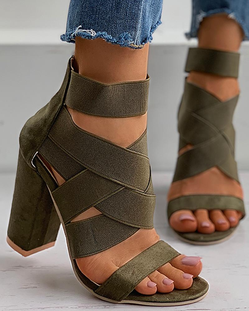 

Strappy Open Toe Chunky Heels, Army green