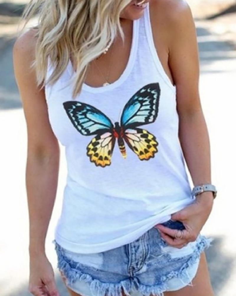 

Butterfly Print Sleeveless Casual Top, White