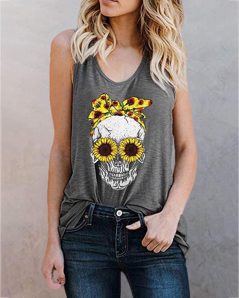 

Skull Sunflower Print Casual Tank Top, Gray