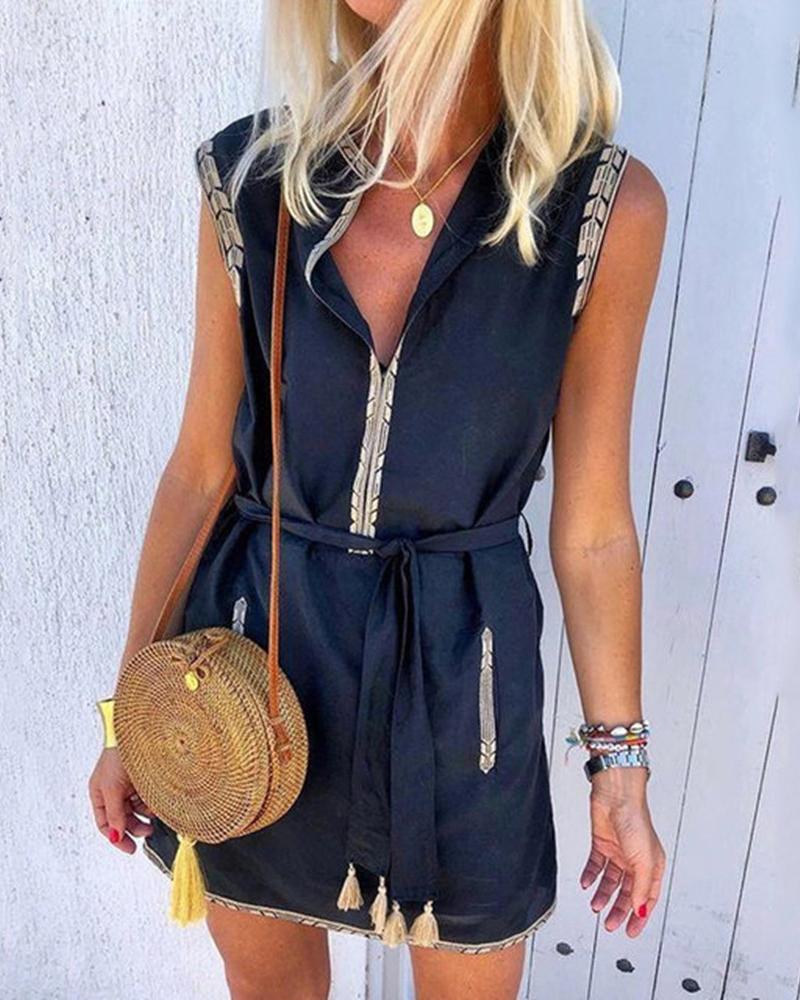 

Colorblock Tassel Design Sleeveless Dress, Dark blue
