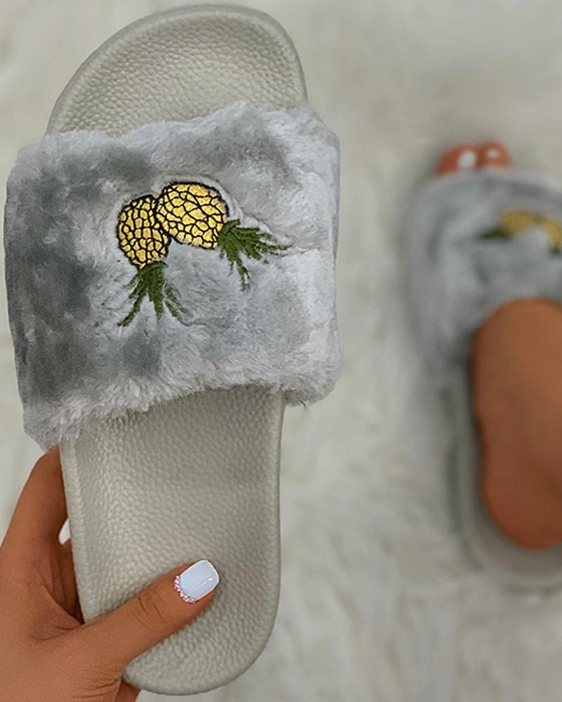 

Pineapple Embroidery Fluffy Slippers, Gray