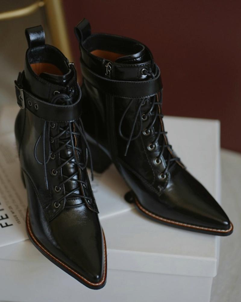 

Solid Pointed Toe Low Heel Biker Boots, Black