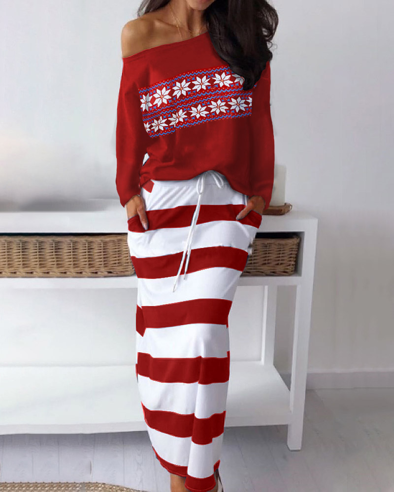

Christmas Print Cold Shoulder T-Shirt & Striped Skirt Set, Red