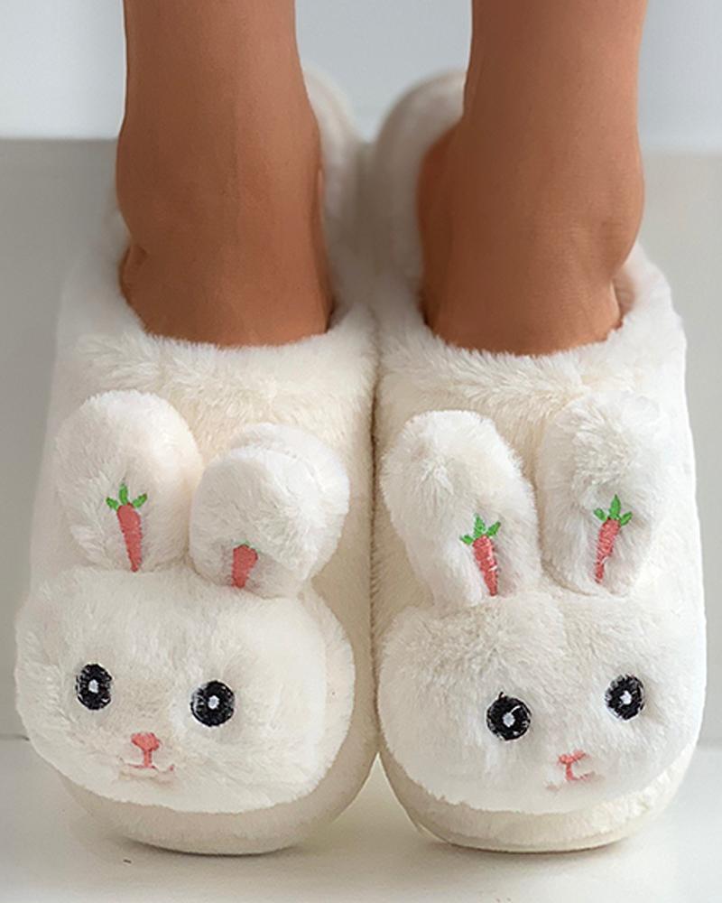 

Animal Pattern Fluffy Slippers, White
