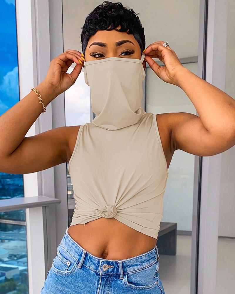 

Solid Sleeveless Casual Top With Bandana, Khaki