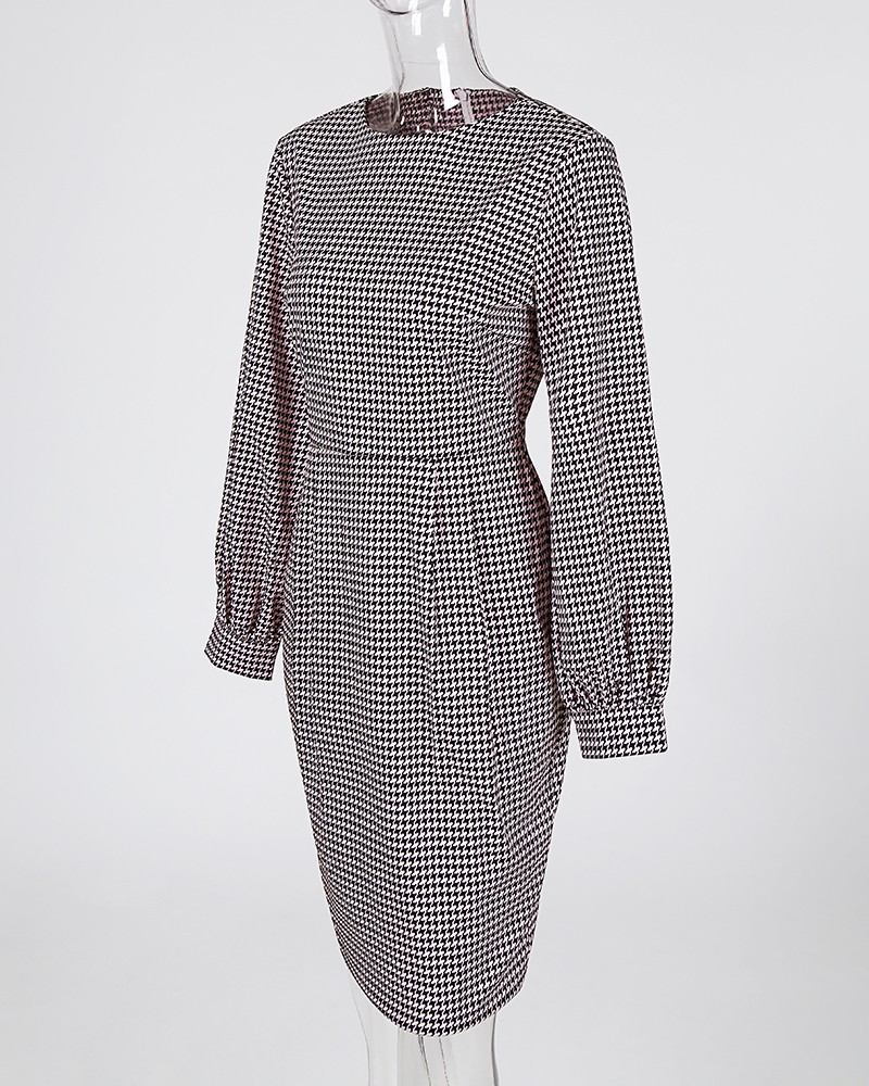 lily grid long sleeve bodycon dress black