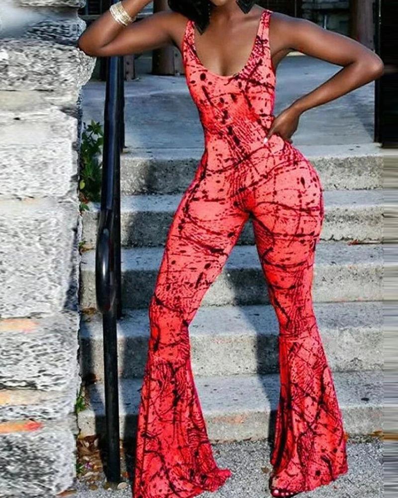 

Pritn Sleeveless Long Bell Pants Jumpsuit, Red