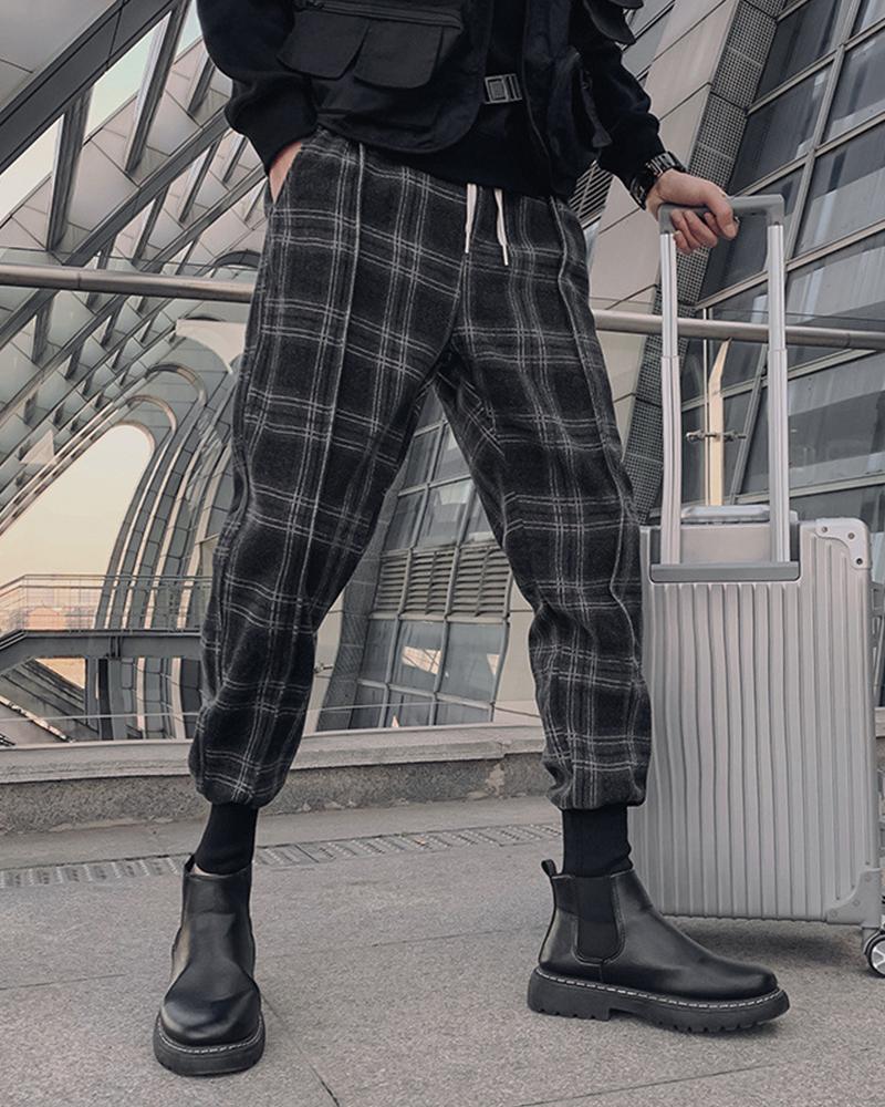 

Plaid Print Loose Feet Pants, Black