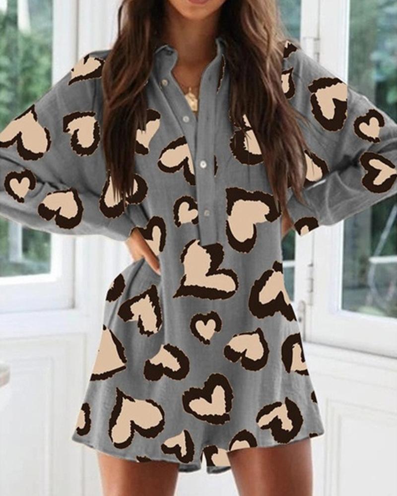 

Printing Long Sleeve Loose Romper, Gray