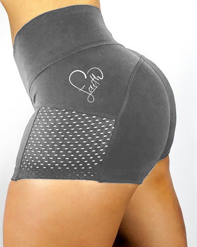 

Butt Lifting Booty Yoga Shorts Hollow Out Letter Heart Print Seamless Leggings, Gray