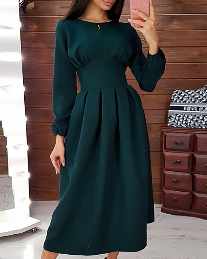 

Solid Tight Waist Casual Midi Dress, Green