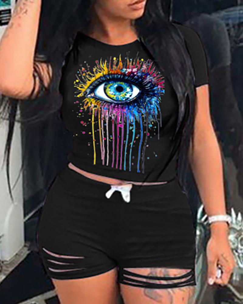 

Eye Print Colorblock Top & Cutout Shorts Set, Black