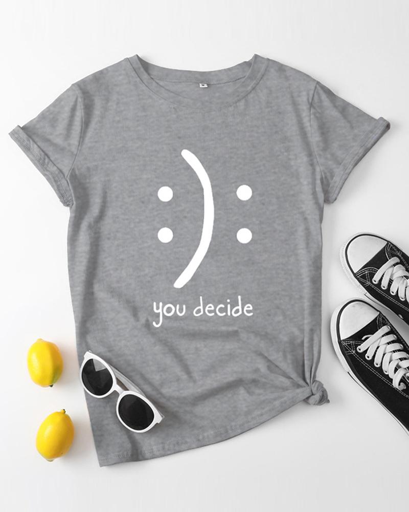 

Letter Smile Face Print Round Neck Short Sleeve T-Shirt, Gray