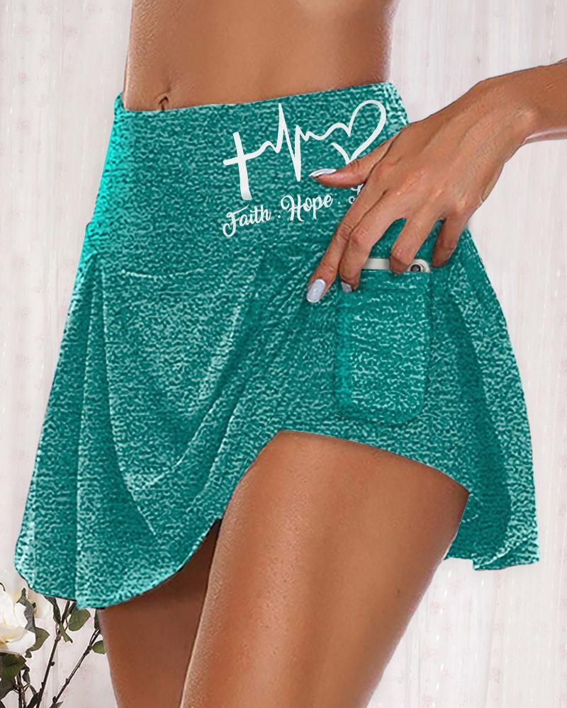 

Butt Lifting Letter Heart Print Pocket Design Layered Skorts, Green