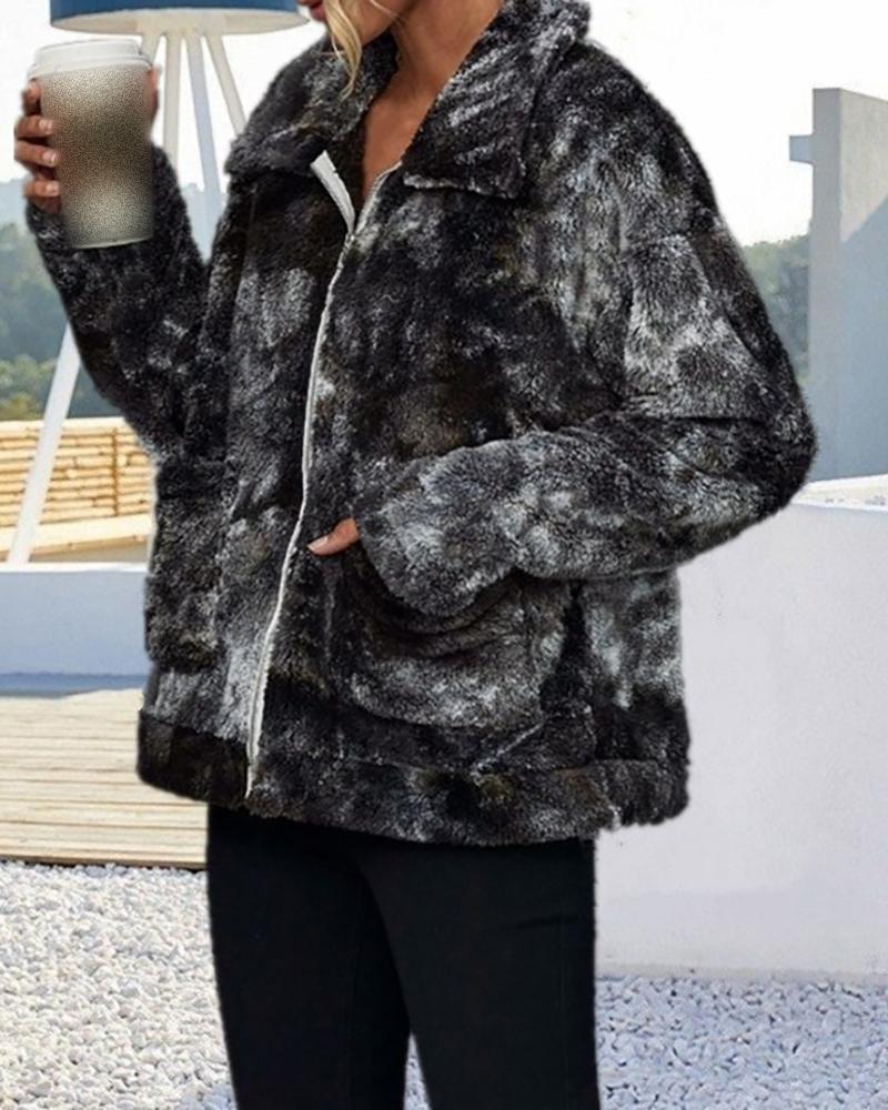

Tie Dye Print Zip Pocket Design Teddy Coat, Black