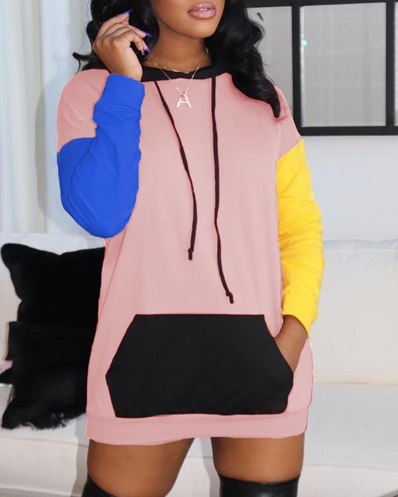 

Colorblock Pocket Design Hooded Casual Dress, Pink