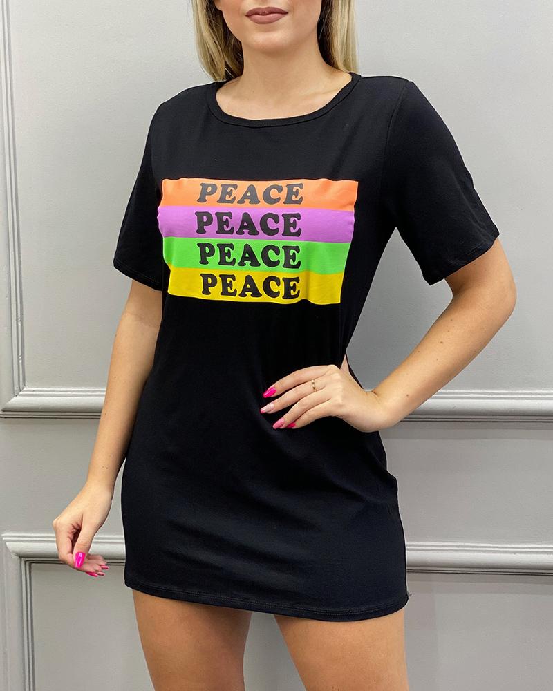 

Letter Print Short Sleeve Casual T-shirt Dress, Black