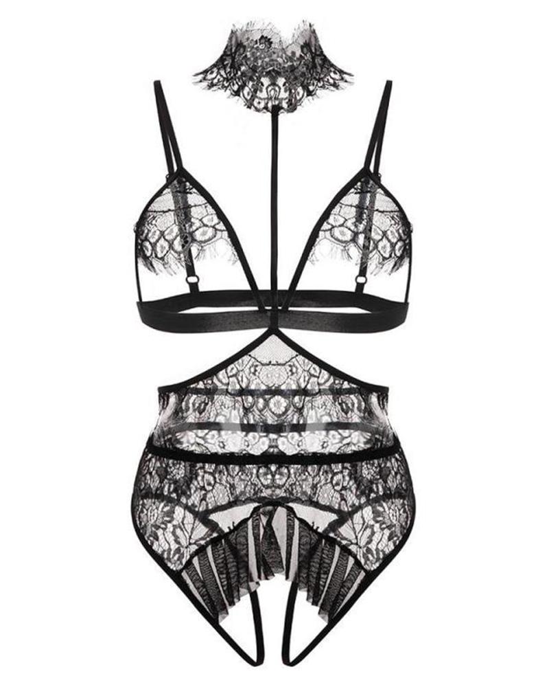

Eyelash Lace Sheer Mesh Lingerie Set, Black