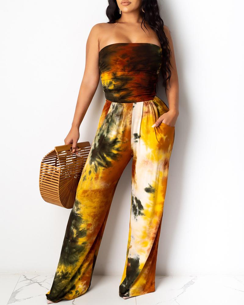 

Tie Dye Print Ruched Bandeau Pockets Jumpsuits, Coffee