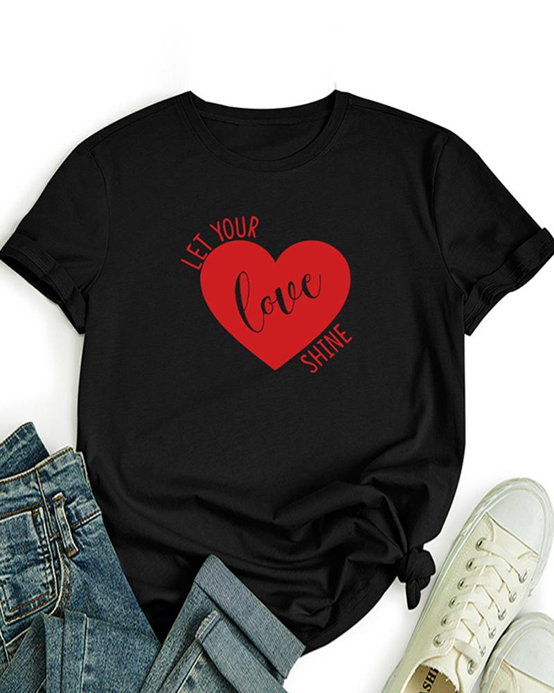 

Round Neck Letter Heart Print Cotton Basic Top, Black