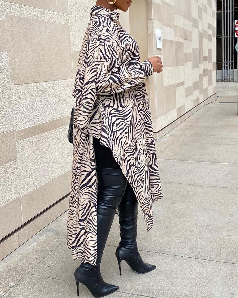 

Zebra Strap Print High Slit Shirt Dress, Beige