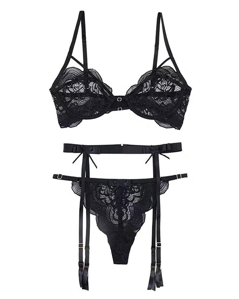 

3PCS Bowknot Floral Lace Garter Lingerie Set, Black