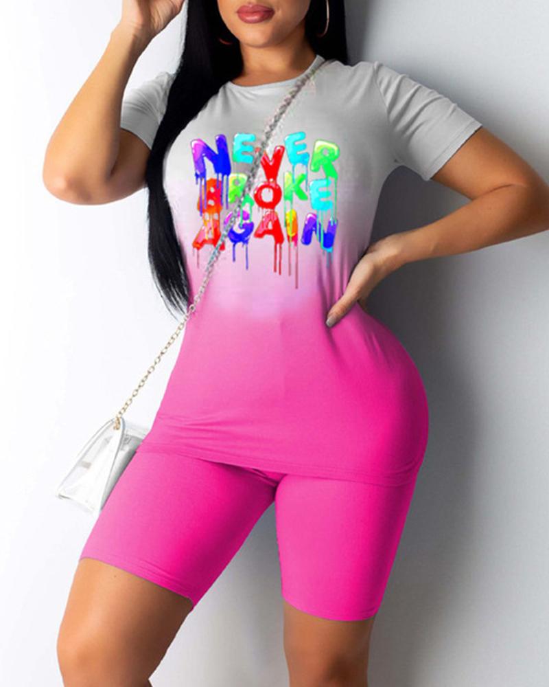 

Gradient Splicing Multicolor Letter Print Short Sleeve T-shirt With Short Pants Suit Sets, Pink