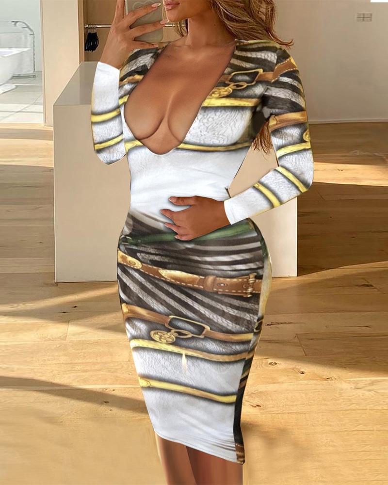 

Graphic Print Plunge Midi Dress, White