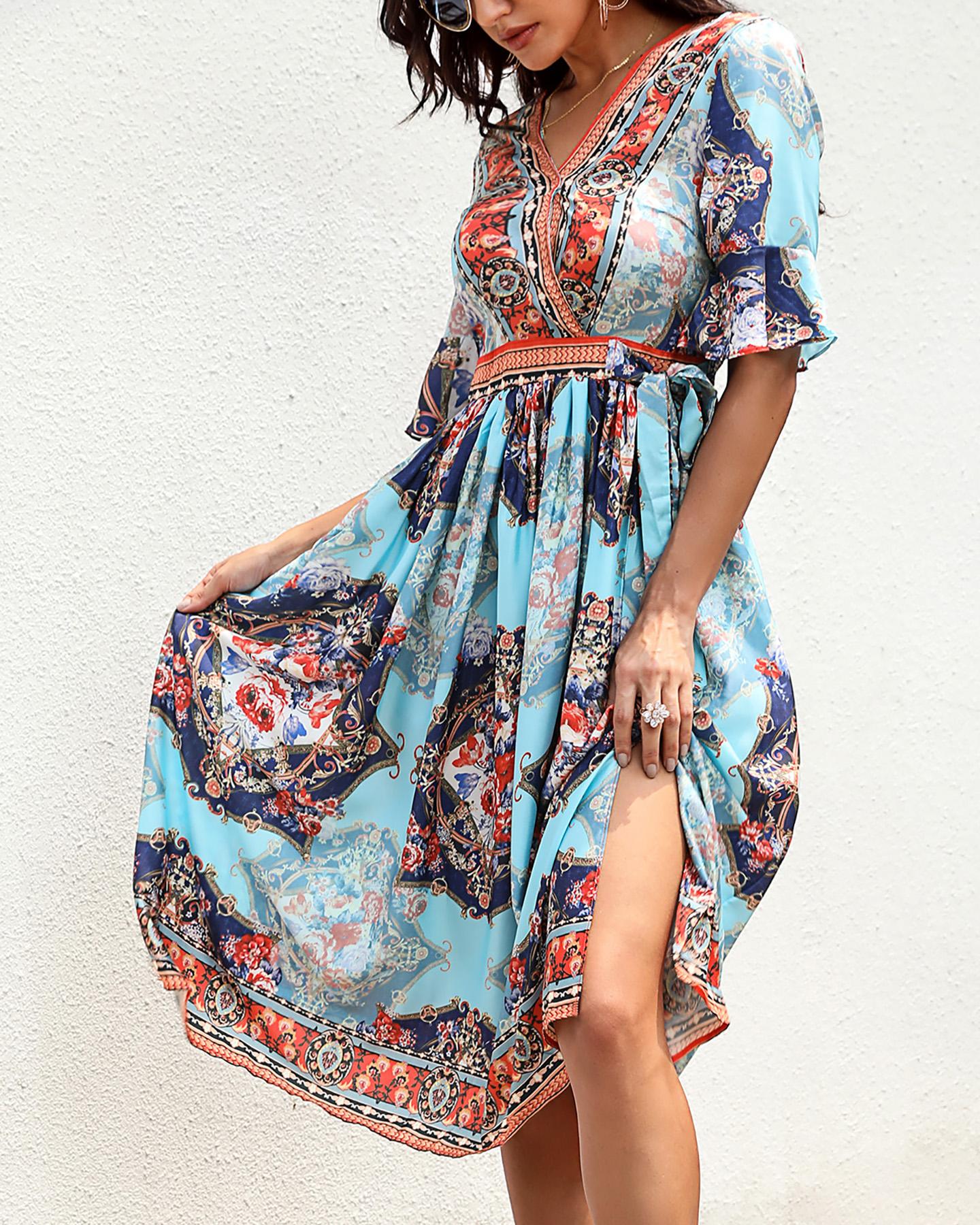 

V-neck Short Sleeve Print Dress, Blue