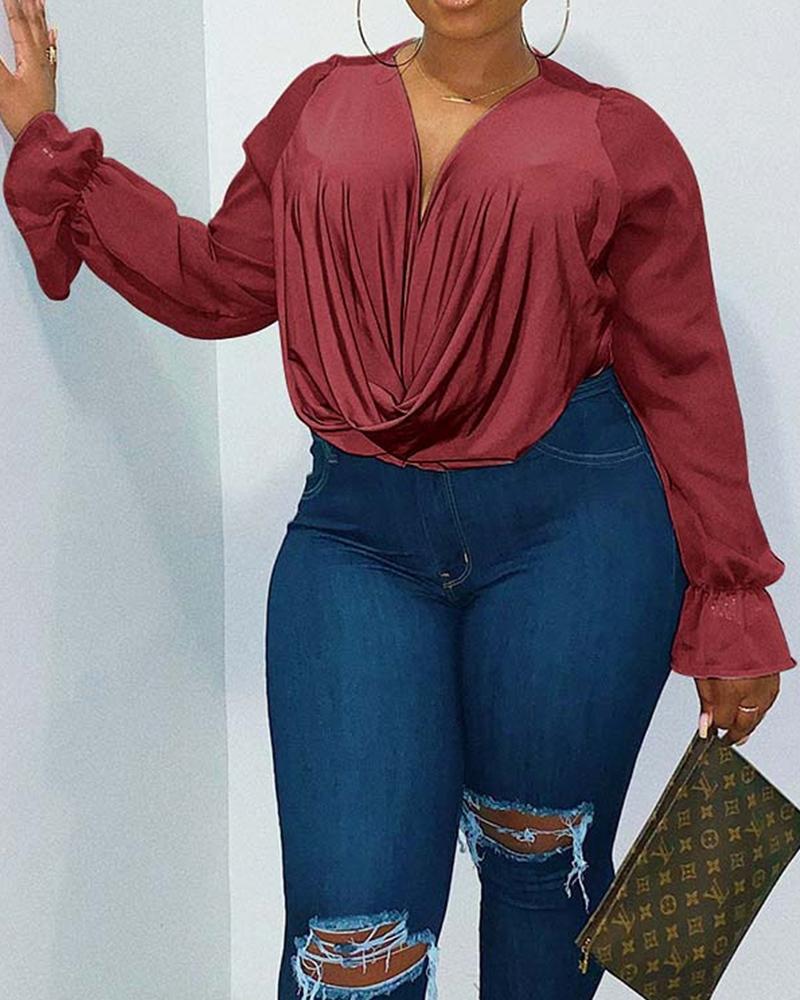 

Solid Long Sleeve Loose Chiffon Blouse, Wine red