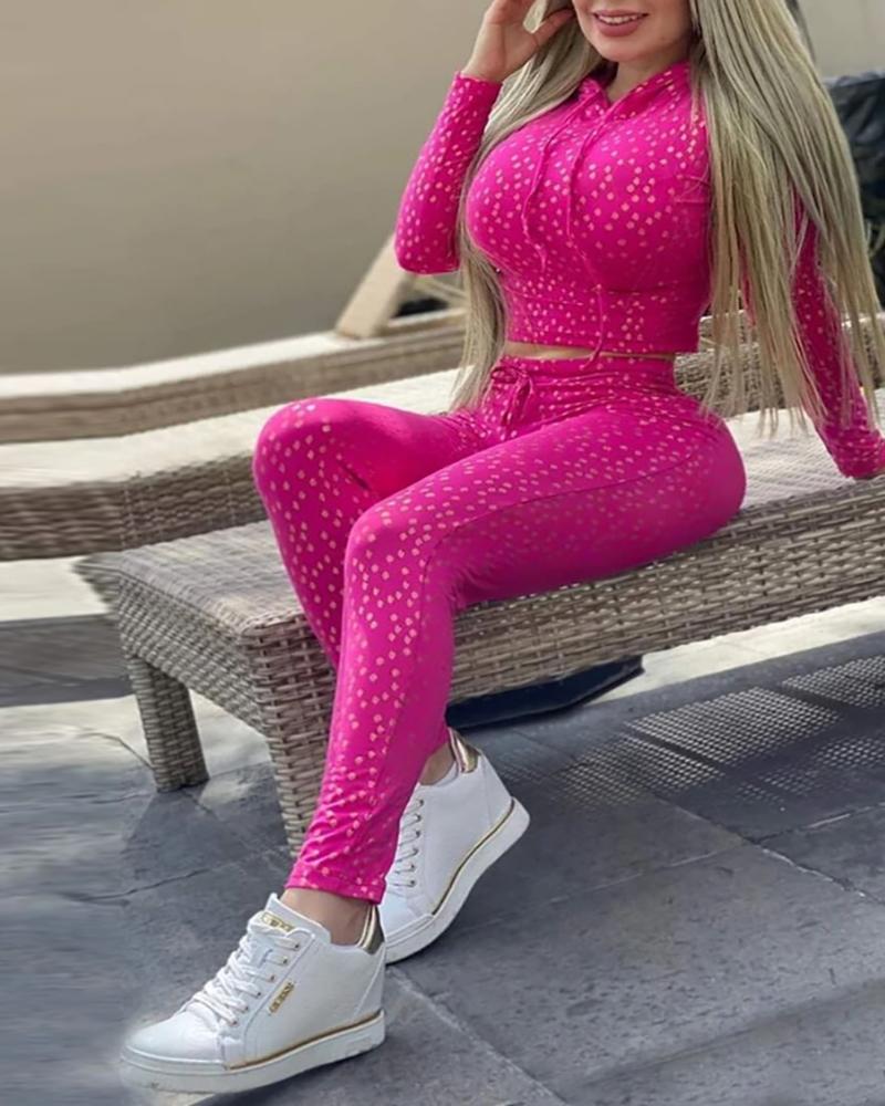 

All Over Print Hooded Crop Top & Pants Set, Hot pink