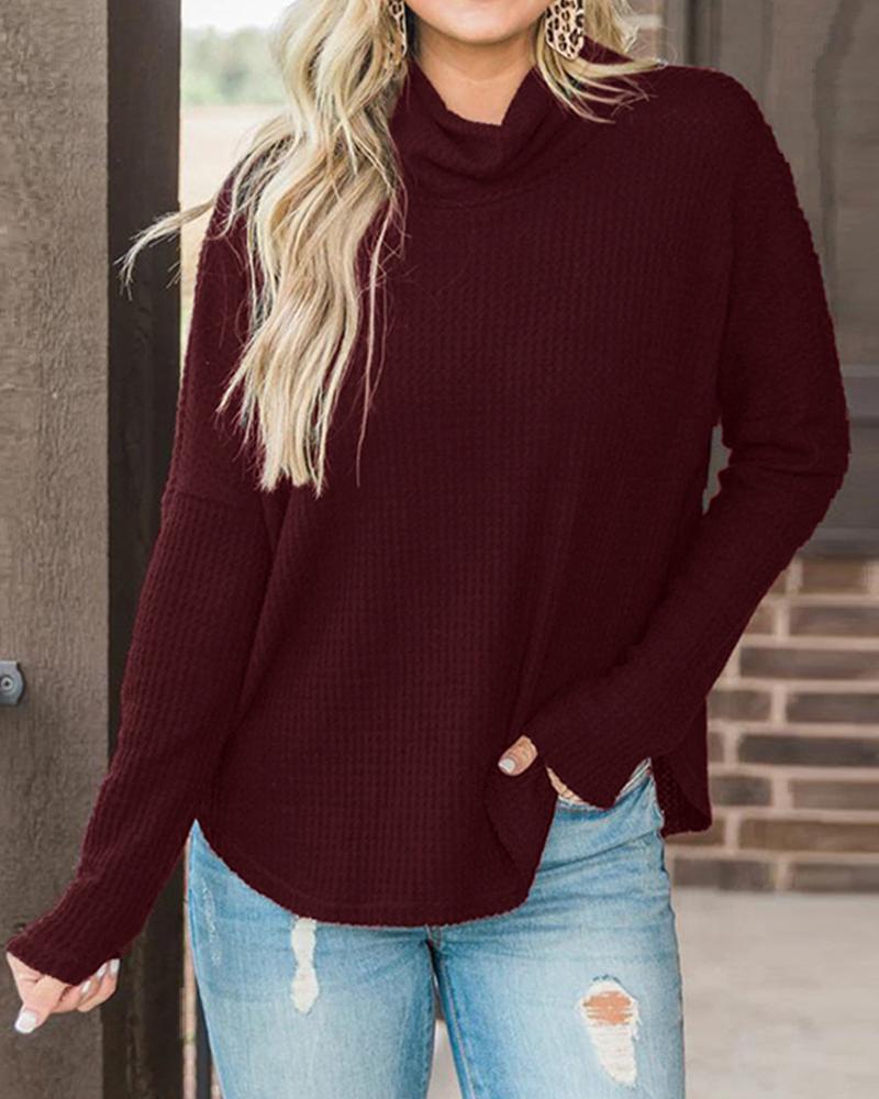 

Solid High Neck Long Sleeve Casual Blouse, Wine red