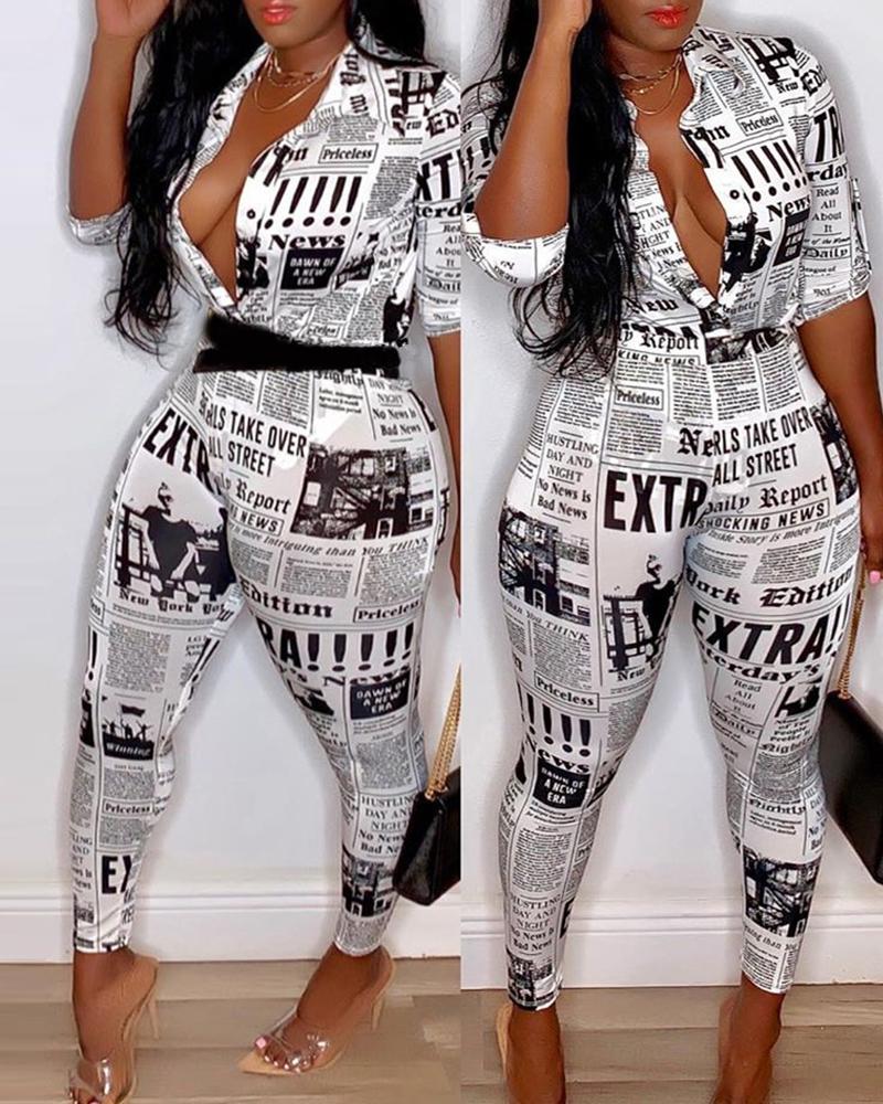 

Newspaper Print Button Design Shirt & Fitted Pants Set, White