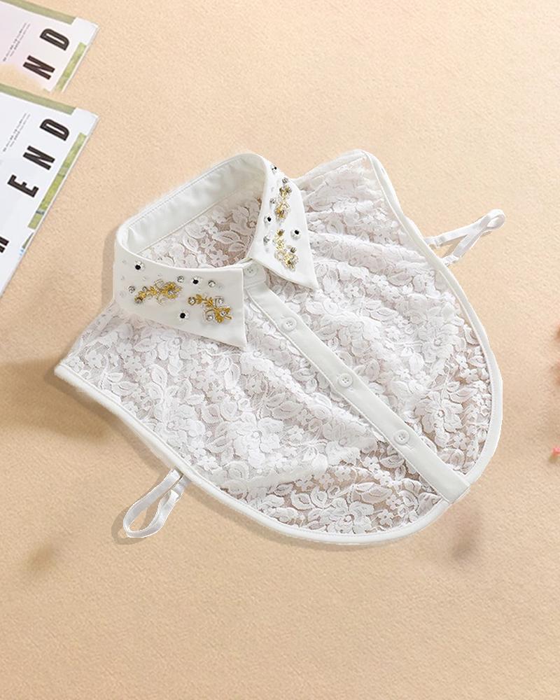 

Beaded Lace Buttoned Half Shirt False Collar, White