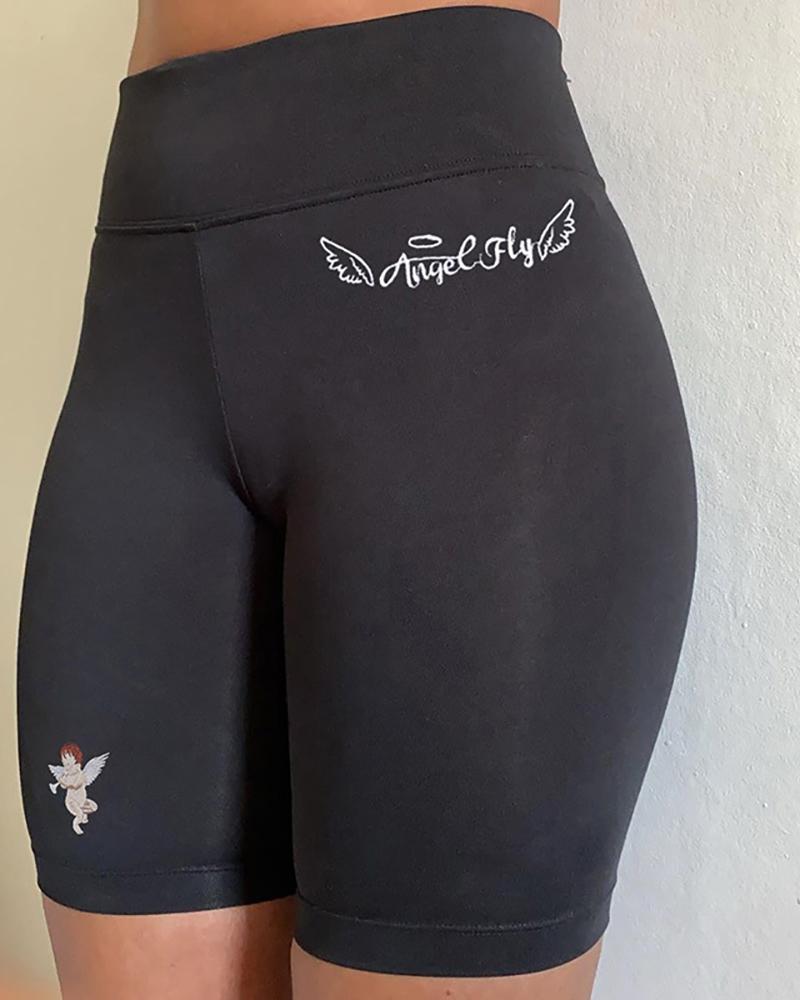 

Letter Angle Print High Waist Biker Shorts, Black